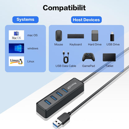 H302S USB 3.0 Hub, 4-Port USB Expander with 2Ft Long Cable, High-Speed Data Transfer, Compatible with Laptop, PC, Mac, Printer, External HDD