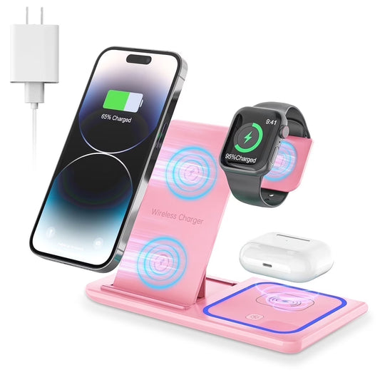 Wireless Charger, 18W 3 in 1 Wireless Charging Station for Iphone 17 16E 15 14 13 12 Pro, Fast Charger Stand for Iwatch SE 9-11 6-8 2-5, Airpods 4/3/2/Pro, Samsung Galaxy Seires (Pink)